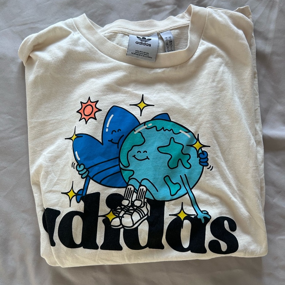 Adidas Cream and Blue Graphic Tee